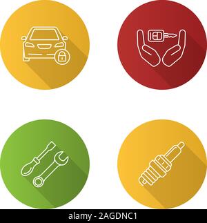 Auto workshop flat linear long shadow icons set. Locked car, key in hands, screwdriver and spanner, spark plug. Vector outline illustration Stock Vector