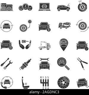 Auto workshop glyph icons set. Silhouette symbols. Vector isolated illustration Stock Vector
