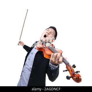 closeup Thai violinist playing his violin over white background Stock Photo