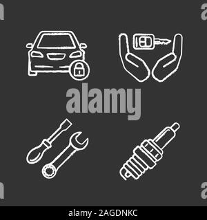 Auto workshop chalk icons set. Locked car, key in hands, screwdriver and spanner, spark plug. Isolated vector chalkboard illustrations Stock Vector