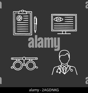 Ophtalmology chalk icons set. Medical report, computer diagnostics, exam glasses, doctor. Isolated vector chalkboard illustrations Stock Vector