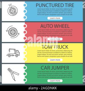 Auto workshop web banner templates set. Punctured tire, auto wheel, tow ruck, car jumper. Website color menu items with linear icons. Vector headers d Stock Vector