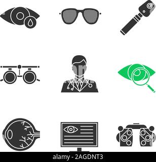 Ophtalmology glyph icons set. Eye drops, pinhole glasses, ophthalmoscope, phoropter, computer diagnostics, eyesight, vision test, doctor, exam glasses Stock Vector