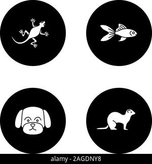 Pets glyph icons set. Lizard, goldfish, maltese dog, ferret. Vector white silhouettes illustrations in black circles Stock Vector
