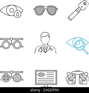 Ophtalmology linear icons set. Eye drops, pinhole glasses, ophthalmoscope, computer diagnostics, vision test, doctor, exam glasses. Thin line contour Stock Vector