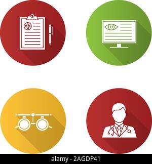 Ophthalmology flat design long shadow glyph icons set. Vector silhouette illustration Stock Vector