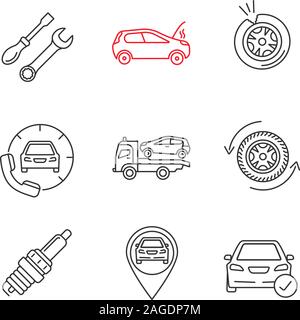 Auto workshop linear icons set. Repair service, broken car, tire puncture, assistance, tow truck, wheel, spark plug, gps, total check. Thin line conto Stock Vector