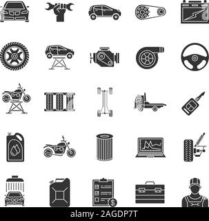 Auto workshop glyph icons set. Car service. Instruments, equipment and spare parts. Silhouette symbols. Vector isolated illustration Stock Vector