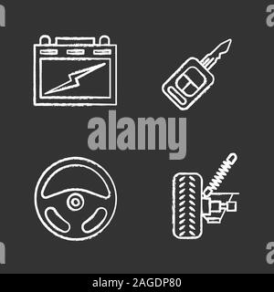 Auto workshop chalk icons set. Automotive battery, car suspension, rudder, key. Isolated vector chalkboard illustrations Stock Vector