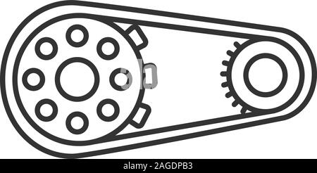 Sprocket wheel with chain linear icon. Thin line illustration. Drive belt on pulley. Contour symbol. Vector isolated outline drawing Stock Vector