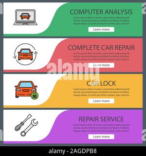 Auto workshop web banner templates set. Computer analysis, car repair, lock, spanner and screwdriver. Website color menu items. Vector headers design Stock Vector