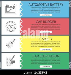 Auto workshop web banner templates set. Automotive battery, car rudder, key, suspension. Website color menu items with linear icons. Vector headers de Stock Vector