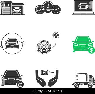 Auto workshop glyph icons set. Garage, dashboard, computer diagnostics, car with circle arrow, pressure gauge, auto buying, key in hands, tow truck. S Stock Vector