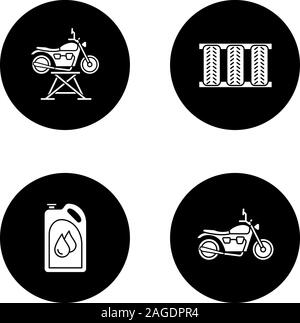 Auto workshop glyph icons set. Motorbike jack, car tires, motor oil, motorcycle. Vector white silhouettes illustrations in black circles Stock Vector