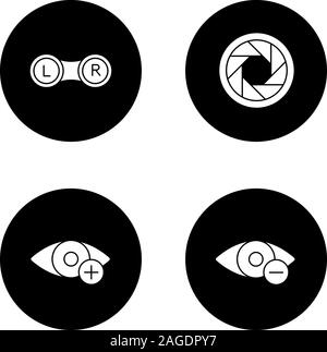 Ophthalmology glyph icons set. Contact lenses box, diaphragm, hyperopia, myopia. Vector white silhouettes illustrations in black circles Stock Vector