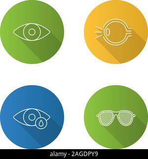 Ophthalmology flat linear long shadow icons set. Human eye anatomy, drops, pinhole glasses. Vector outline illustration Stock Vector