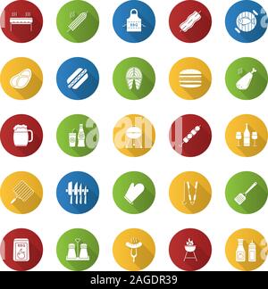 Barbecue flat design long shadow glyph icons set. BBQ. Barbeque grills, food, drinks, kitchen utensils. Vector silhouette illustration Stock Vector