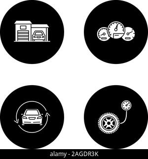 Auto workshop glyph icons set. Garage, dashboard, car with circle arrow, tire pressure gauge. Vector white silhouettes illustrations in black circles Stock Vector