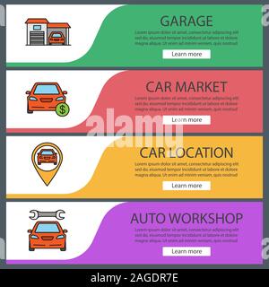 Auto workshop web banner templates set. Garage, car market, automobile location, repair service. Website color menu items. Vector headers design conce Stock Vector