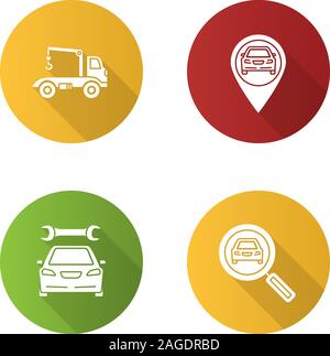 Auto workshop flat design long shadow glyph icons set. Tow truck, gps navigation, repair service, car searching. Vector silhouette illustration Stock Vector