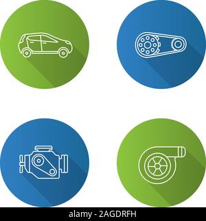 Auto workshop flat linear long shadow icons set. Car, sprocket wheel, engine, turbocharger. Vector outline illustration Stock Vector