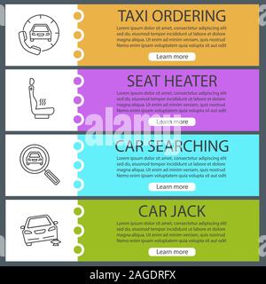 Auto workshop web banner templates set. Taxi ordering, seat heater, car searching, repair jack. Website color menu items with linear icons. Vector hea Stock Vector