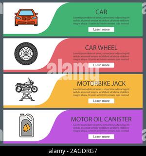 Auto workshop web banner templates set.  Car, rim and tire, motorbike jack, motor oil.Website color menu items. Vector headers design concepts Stock Vector