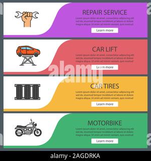 Auto workshop web banner templates set.  Repair service, car lift, tires, motorbike. Website color menu items. Vector headers design concepts Stock Vector