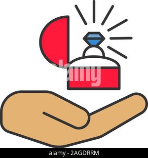 Marriage proposal color icon. Hand holding ring in box. Engagement. Isolated vector illustration Stock Vector