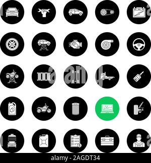 Auto workshop glyph icons set. Car service. Instruments, equipment and spare parts. Vector white silhouettes illustrations in black circles Stock Vector