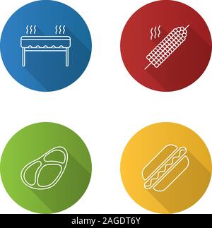 Barbecue flat linear long shadow icons set. Grill, corn on skewer, steak, hot dog. Vector outline illustration Stock Vector