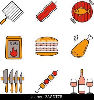 Barbecue color icons set. BBQ. Hand grill, bacon, grilled fish, coal, sandwich, chicken leg, knives set, shish kebab, wine. Isolated vector illustrati Stock Vector