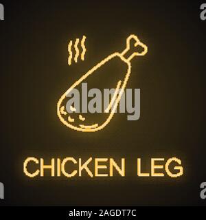 Hot fried chicken leg neon light icon. Glowing sign. Grilled turkey drumstick. Vector isolated illustration Stock Vector