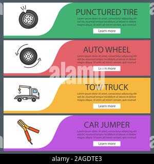 Auto workshop web banner templates set. Website color menu items. Punctured tire, auto wheel, tow ruck, car jumper. Vector headers design concepts Stock Vector