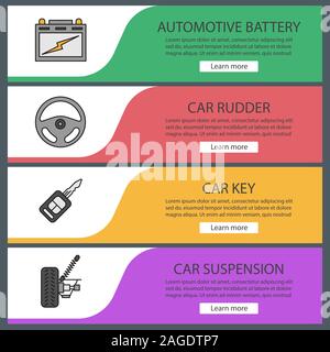 Auto workshop web banner templates set. Automotive battery, car rudder, key, suspension. Website color menu items. Vector headers design concepts Stock Vector