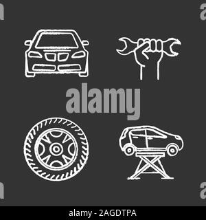 Auto workshop chalk icons set. Car, wrench in hand, car rim and tire, auto repair jack. Isolated vector chalkboard illustrations Stock Vector