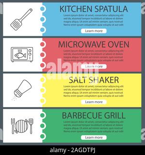 Barbecue web banner templates set. BBQ. Kitchen spatula, microwave oven cooking, salt shaker, grill. Website color menu items with linear icons. Vecto Stock Vector