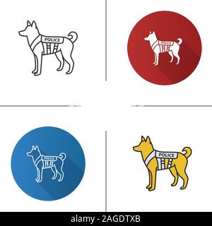 K9 police dog icon. Flat design, linear and color styles. German Shepherd. Military dog breed. Isolated vector illustrations Stock Vector