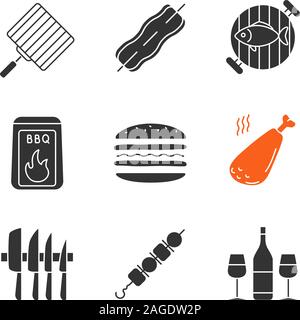 Barbecue glyph icons set. BBQ. Hand grill, bacon, grilled fish, coal, sandwich, chicken leg, knives set, shish kebab, wine. Silhouette symbols. Vector Stock Vector