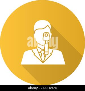 Doctor with ophthalmoscope flat design long shadow glyph icon. Ophthalmologist, optometrist. Vector silhouette illustration Stock Vector