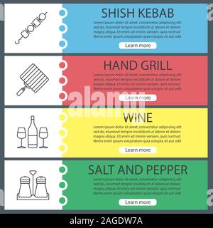 Barbecue web banner templates set. BBQ. Shish kebab, hand grill, wine, salt and pepper shakers. Website color menu items with linear icons. Vector hea Stock Vector