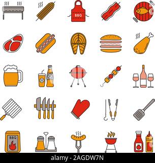 Barbecue color icons set. BBQ. Barbeque grills, food, drinks, kitchen utensils. Isolated vector illustrations Stock Vector
