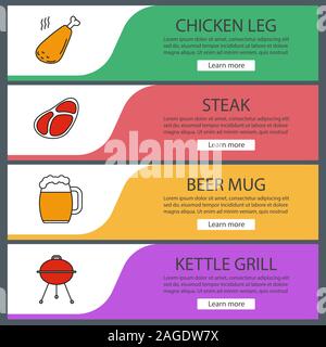 Barbecue web banner templates set. BBQ. Chicken leg, steak, beer mug, kettle grill. Website color menu items. Vector headers design concepts Stock Vector