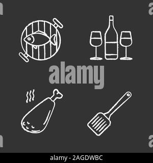 Barbecue chalk icons set. Grilled fish, kitchen spatula, chicken leg, wine bottle with glasses. Isolated vector chalkboard illustrations Stock Vector
