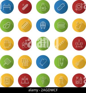 Barbecue flat linear long shadow icons set. BBQ. Barbeque grills, food, drinks, kitchen utensils. Vector outline illustration Stock Vector