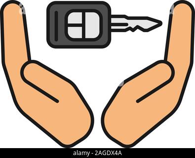 Open palms with car key color icon. Real estate insurance. Car alarm system. Isolated vector illustration Stock Vector