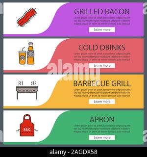 Barbecue web banner templates set. Website color menu items. BBQ. Bacon on skewer, cold drinks, grill, apron. Vector headers design concepts Stock Vector