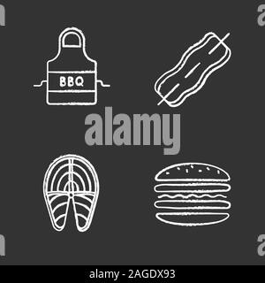 Barbecue chalk icons set. BBQ. Apron, bacon on skewer, fish steak, burger. Isolated vector chalkboard illustrations Stock Vector