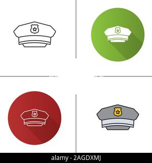 Policeman hat icon. Flat design, linear and color styles. Cop cap. Isolated vector illustrations Stock Vector