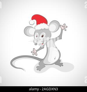 Gray rat wearing a red Santa Claus hat on white background. Stock Vector